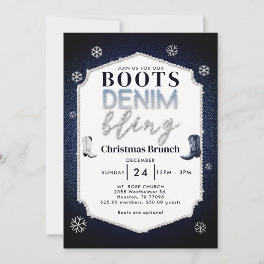 Boots Denim Bling Rahmen Weihnachtskirchenfeier Einladung (Vorderseite)