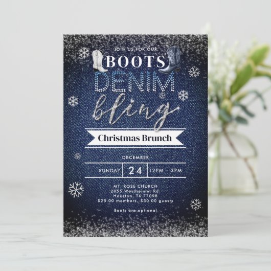 Boots Denim Bling Schnee Weihnachtskirche Party Einladung (Stehend Vorderseite)