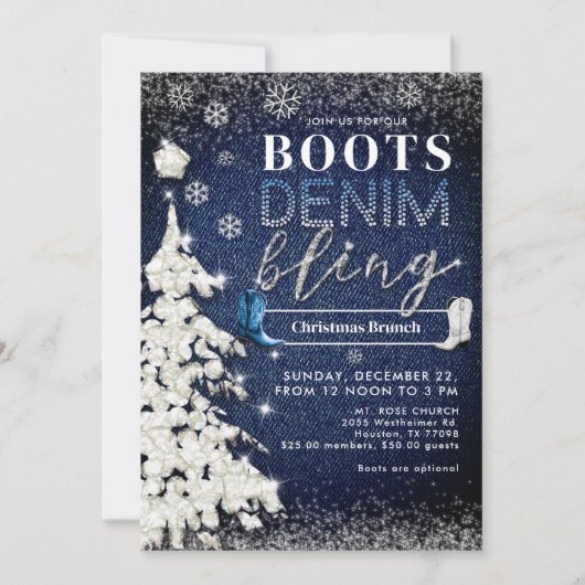 Boots Denim Bling Snow Tree Weihnachtskirche Party Einladung (Vorderseite)