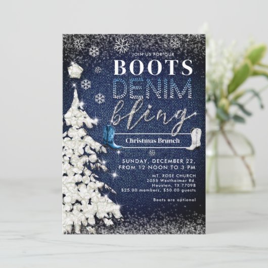 Boots Denim Bling Snow Tree Weihnachtskirche Party Einladung (Stehend Vorderseite)
