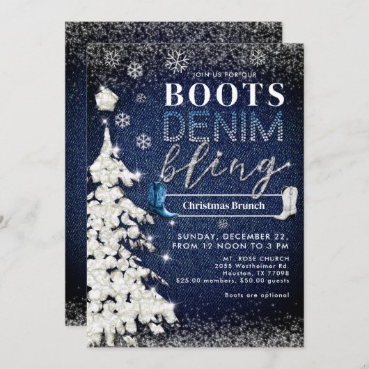 Boots Denim Bling Snow Tree Weihnachtskirche Party Einladung (Vorne/Hinten)