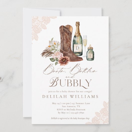 Boots Flaschen & Bubbly Country Western Babydusche Einladung (Vorderseite)