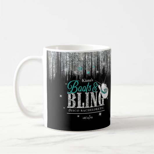 Boots 'n Bling Disco Bachelorette Aquamarin ID925 Kaffeetasse (Links)