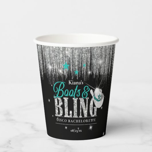 Boots 'n Bling Disco Bachelorette Aquamarin ID925 Pappbecher (Rückseite)