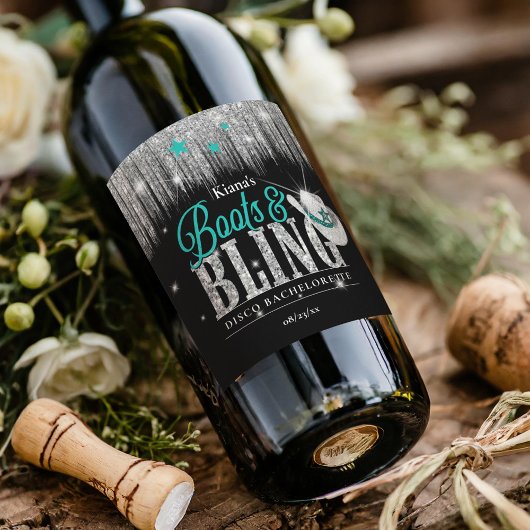 Boots 'n Bling Disco Bachelorette Aquamarin ID925 Weinetikett