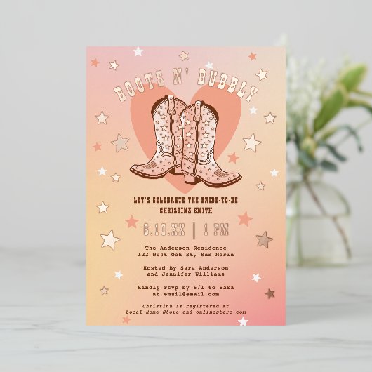 Boots N' Bubbly Fun Funkelnd Western Brautparty Folieneinladung (Stehend vorne)