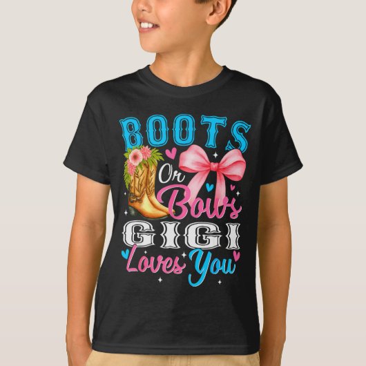 Boots Or Bows Gigi Loves You Gender Reveal Family T-Shirt (Vorderseite)