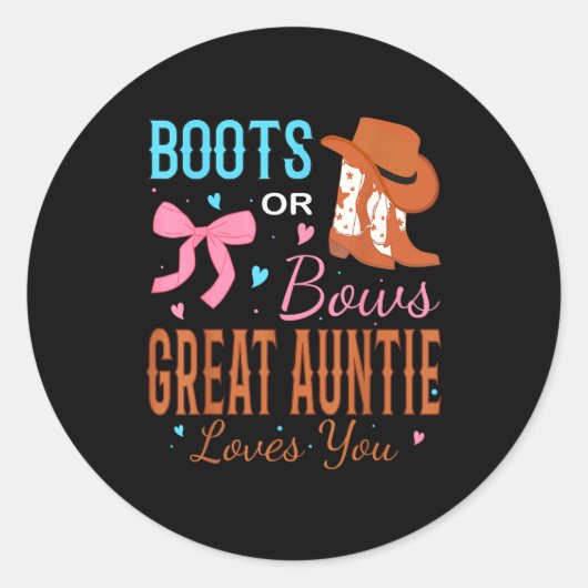 Boots Or Bows Great Auntie Loves You Gender Reveal Runder Aufkleber (Vorderseite)