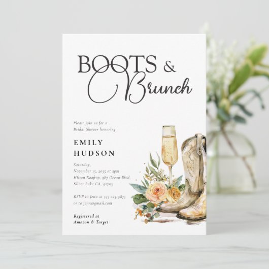 Boots- und Brunch Western Bridal Dusche Einladung (Stehend Vorderseite)