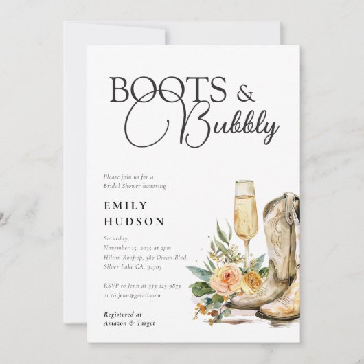 Boots und Bubbly Western Bridal Dusche Einladung (Vorderseite)