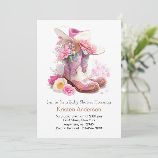 Boots und Hat Western Cowgirl Baby Shower Einladung (Stehend Vorderseite)
