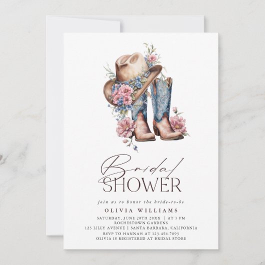 Boots Western Cowgirl Blumenmuster Brautparty Einladung (Vorderseite)