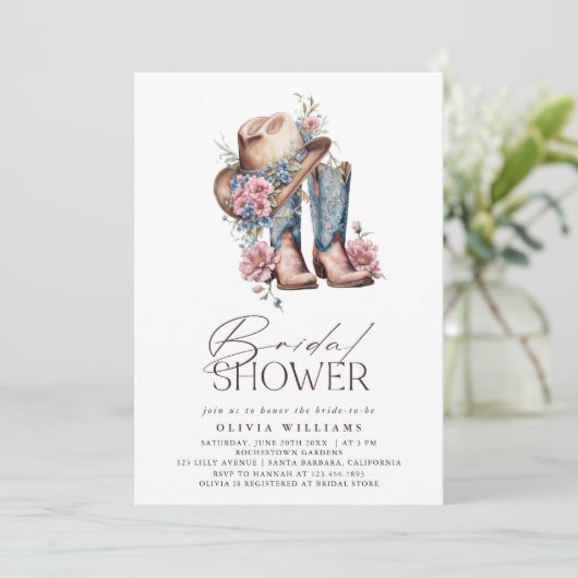 Boots Western Cowgirl Blumenmuster Brautparty Einladung (Stehend Vorderseite)