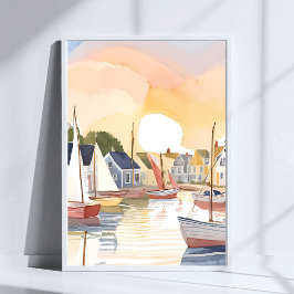 Bootsbucht | Wasserfarbengemälde der Küstenozeane Poster