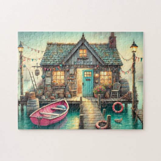 Bootsdock am Meer mit Ruderboot und Schatz Puzzle (Horizontal)