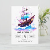 Bootsfarbe Fun Pirate Geburt Einladung (Stehend Vorderseite)