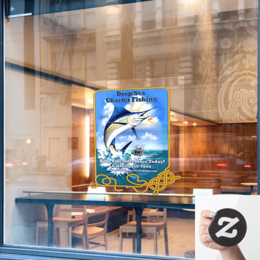 Bootsgeschäft für den Sportfischfang im Meer Fensteraufkleber (Café-Fenster)