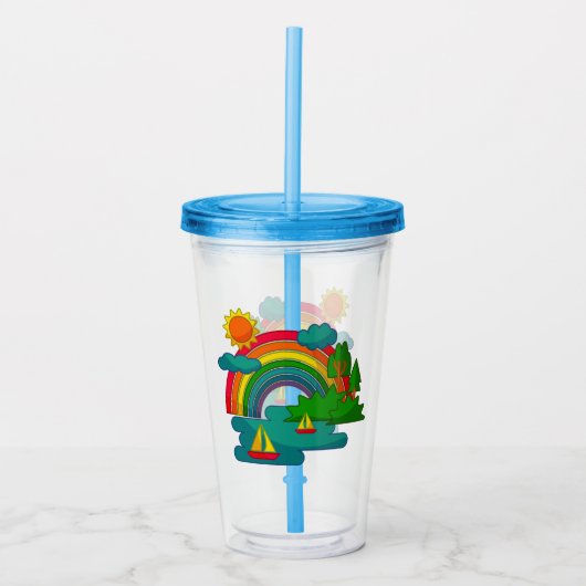 Bootslandschaft unter Sonnenwolken und Regenbogen Acryltrinkbecher (Vorderseite)