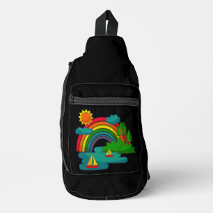 Bootslandschaft unter Sonnenwolken und Regenbogen Crossbody Bag