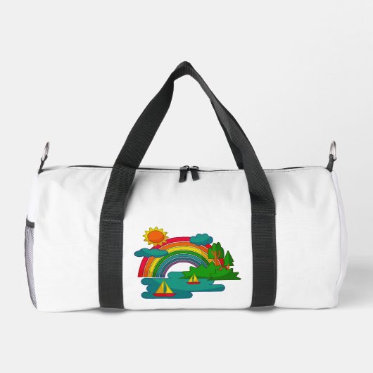 Bootslandschaft unter Sonnenwolken und Regenbogen Duffle Bag (Rückseite)
