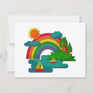 Bootslandschaft unter Sonnenwolken und Regenbogen Feiertagskarte