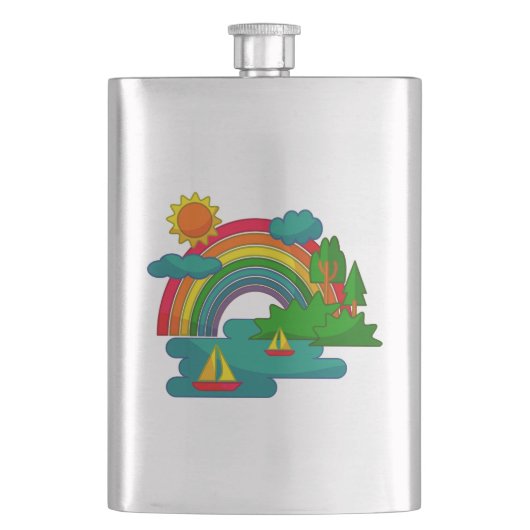 Bootslandschaft unter Sonnenwolken und Regenbogen Flachmann (Vorderseite)