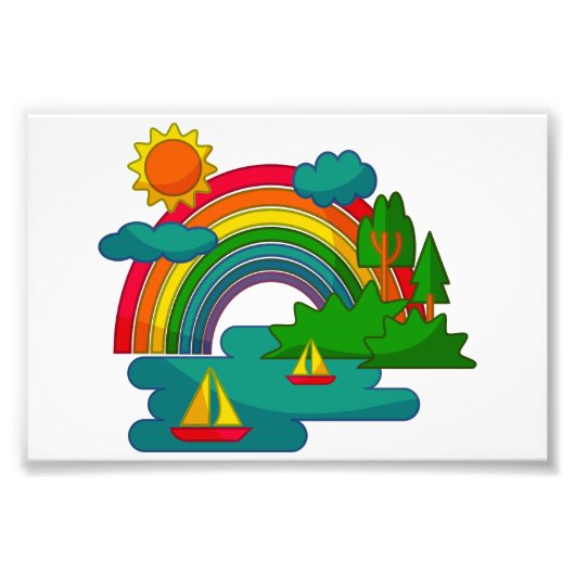 Bootslandschaft unter Sonnenwolken und Regenbogen Fotodruck (Vorne)