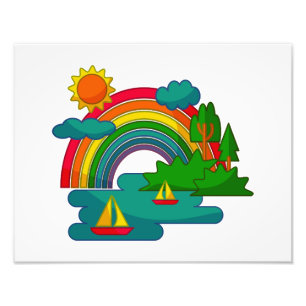 Bootslandschaft unter Sonnenwolken und Regenbogen Fotodruck