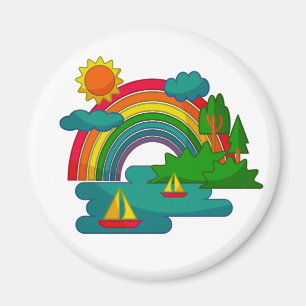 Bootslandschaft unter Sonnenwolken und Regenbogen Magnet