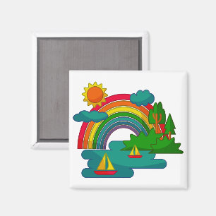 Bootslandschaft unter Sonnenwolken und Regenbogen Magnet