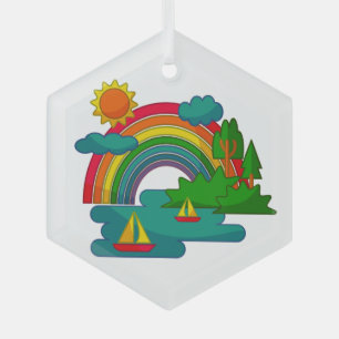 Bootslandschaft unter Sonnenwolken und Regenbogen Ornament Aus Glas
