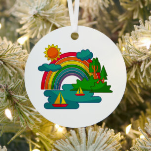 Bootslandschaft unter Sonnenwolken und Regenbogen Ornament Aus Metall