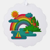 Bootslandschaft unter Sonnenwolken und Regenbogen Ornament Karte (Rückseite)