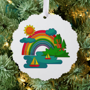 Bootslandschaft unter Sonnenwolken und Regenbogen Ornament Karte