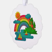 Bootslandschaft unter Sonnenwolken und Regenbogen Ornament Karte (Links)