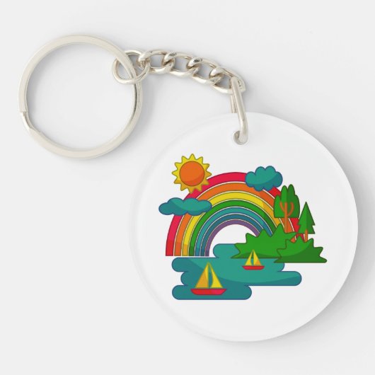 Bootslandschaft unter Sonnenwolken und Regenbogen Schlüsselanhänger (Vorderseite)