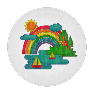 Bootslandschaft unter Sonnenwolken und Regenbogen Schneidebrett