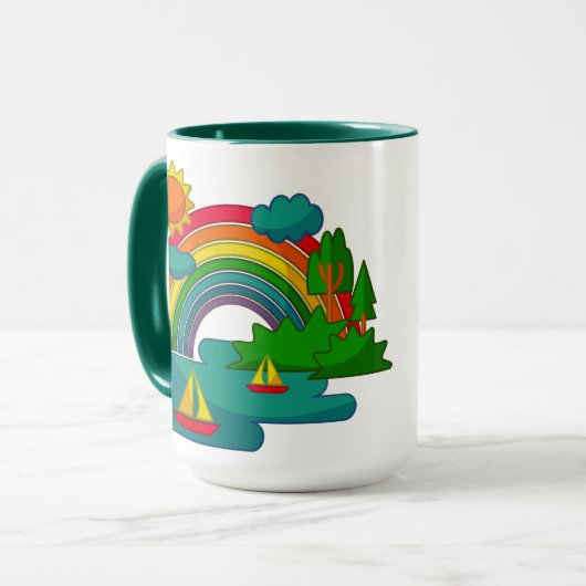 Bootslandschaft unter Sonnenwolken und Regenbogen Tasse (Vorderseite Links)