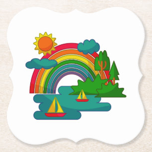 Bootslandschaft unter Sonnenwolken und Regenbogen Untersetzer