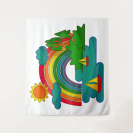 Bootslandschaft unter Sonnenwolken und Regenbogen Wandteppich