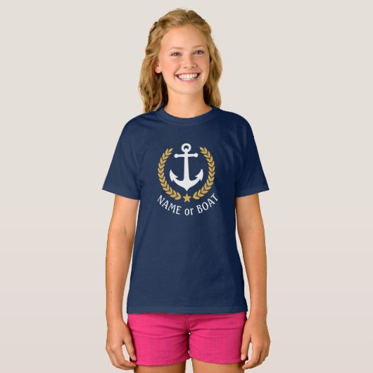 Bootsname Anchor Gold Laurel Verlasse Marinemädche T-Shirt (Vorne ganz)