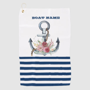 Bootsname, Anker Blumen Marineblaue Streifen Golfhandtuch