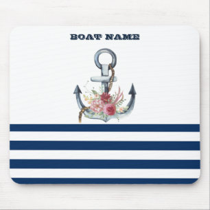 Bootsname, Anker Blumen Marineblaue Streifen Mousepad