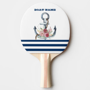 Bootsname, Anker Blumen Marineblaue Streifen Tischtennis Schläger