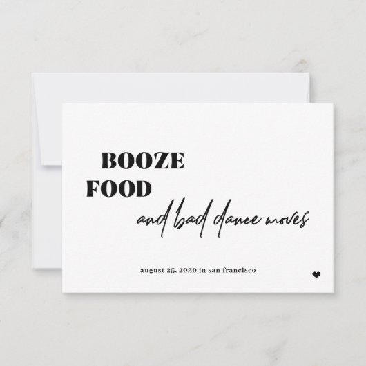 Booze Essen schlechten Tanz bewegt lustige Hochzei Save The Date (Vorderseite)