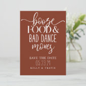 Booze Food and Bad Dance Moves Wedding Rett The Da Save The Date (Stehend Vorderseite)