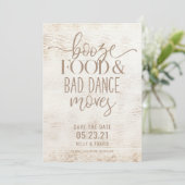 Booze Food and Bad Dance Moves Wedding Save The Date (Stehend Vorderseite)