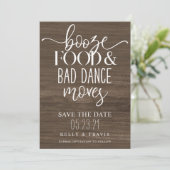 Booze Food and Bad Dance Moves Wedding Save The Date (Stehend Vorderseite)