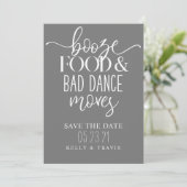 Booze Food and Bad Dance Moves Wedding Save The Date (Stehend Vorderseite)
