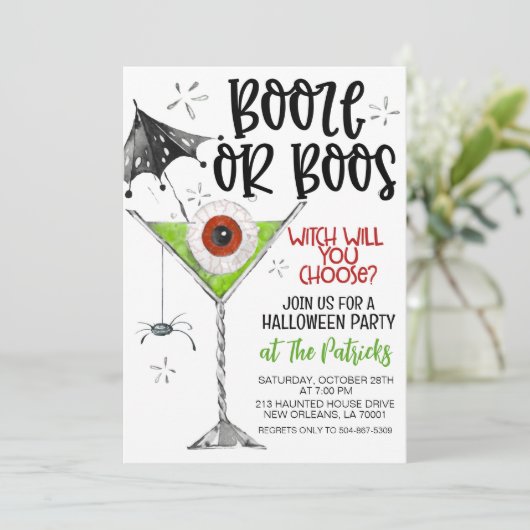 Booze oder Boos-Halloween-Party Einladung (Stehend Vorderseite)